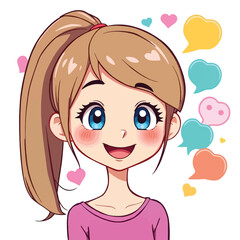 Cute Girl Flat Character With Comic Speech Bubbles Icon Vector Style Illustration