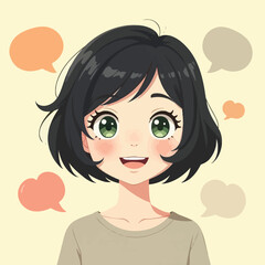 Cute Girl Flat Character With Comic Speech Bubbles Icon Vector Style Illustration