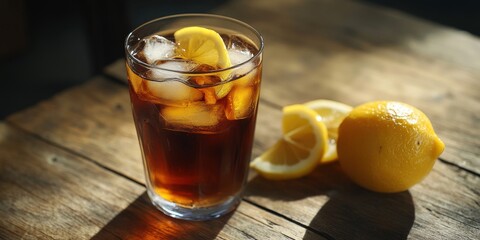 Glass of Sweet Tea with Ice and Lemon Slices on a Wooden Table