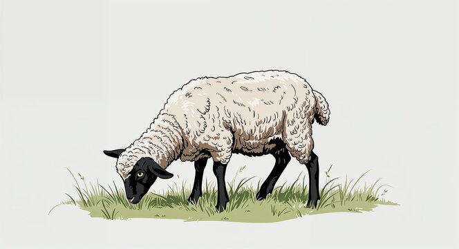 sheep eating grass, black and white clip art preview