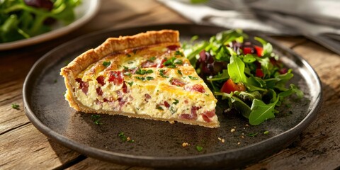 Slice of Savory Quiche Lorraine with a Salad on the Side on a Rustic Table