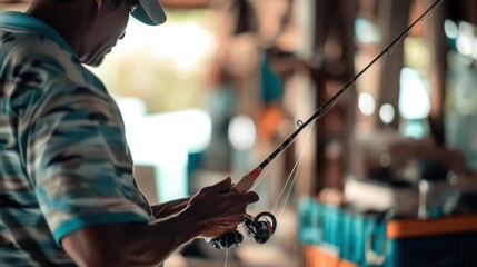 A person preparing fishing gear in a relaxed, natural setting.