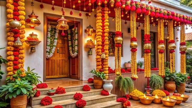 Vibrant red and golden diyas, flowers, and torans adorn a traditional Indian home exterior, celebrating the joyous occasion of Gudi Padwa, Marathi New Year.