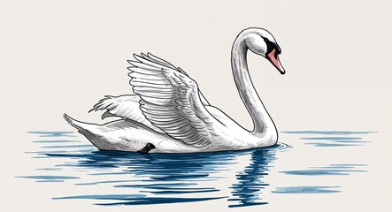 Fototapeta premium Hand drawing clipart of a graceful swan gliding on a lake on plain white background