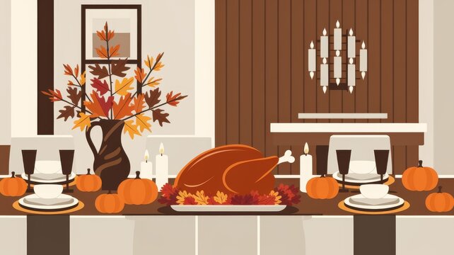 A beautifully arranged table featuring a turkey, pumpkins, and candles. Autumn theme on a neutral background. Flat illustration.