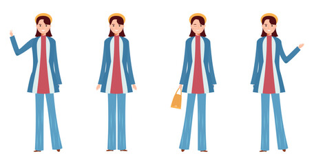 Vector illustration of a woman wearing a traditional outfit with a headband and long jacket in various poses, perfect for cultural and fashion designs.