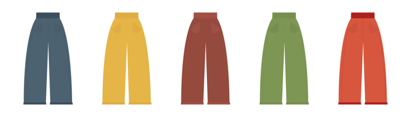 Vector illustration of wide-leg pants in various colors, perfect for fashion and casual clothing-related designs.