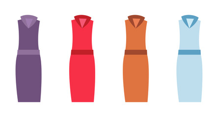 Vector illustration of belted dresses in five different colors, suitable for fashion, formal wear, and clothing design projects.