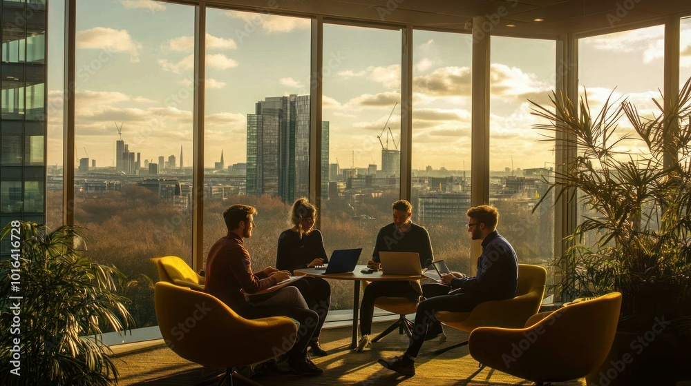 Sticker A group of professionals collaborating in a modern office with a city view at sunset.