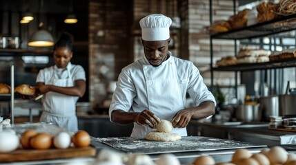 A chef kneads dough in a bakery, while another prepares bread in the background.