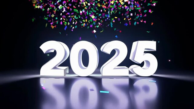 2025 New Year Celebration: Festive Confetti and 3D Text on a Dark Background