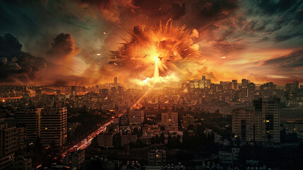 Obraz premium city being attacked by nuclear missiles at night background, dramatic, sense of war, world war 3, grimy