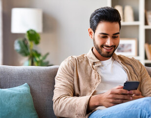 handsome portrait smiling man using smartphone relaxing on couch at home enjoying digital phone content social networks