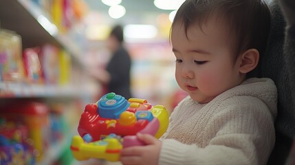 Fototapeta premium A baby exploring a colorful toy in a store aisle, highlighting early childhood play.