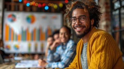 Obraz premium Happy Man in Office Setting with Team Collaboration