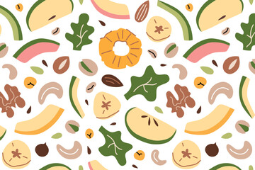Vector illustration pattern with nuts, dried fruits, helthy snacks. Flat cartoon style with colorful doodle elements. Healthy food, vegan snack concepts, superfood print, isolated colored clipart