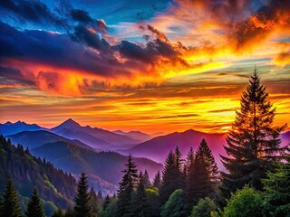 Obraz premium Majestic mountains and trees create a serene silhouette against a vibrant sunset sky, capturing the peaceful essence of nature in a tranquil scene.