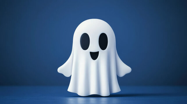 A friendly cartoon ghost with a big smile floats in front of a blue background.