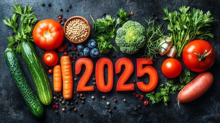 Fresh vegetables and herbs arranged creatively with the year 2025 on a dark surface