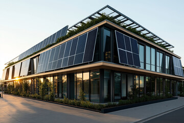 Fototapeta premium Modern building with extensive use of glass and solar panels on the roof and walls, incorporating greenery on its upper levels, during sunset.