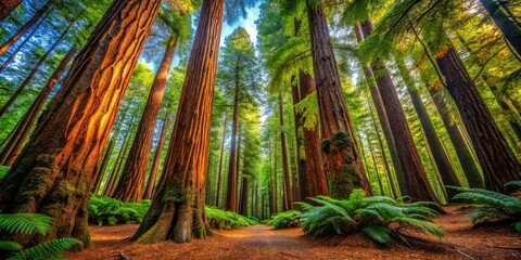 Majestic Redwoods in Whakarewarewa Forest, Rotorua, New Zealand Surrounded by Lush Greenery