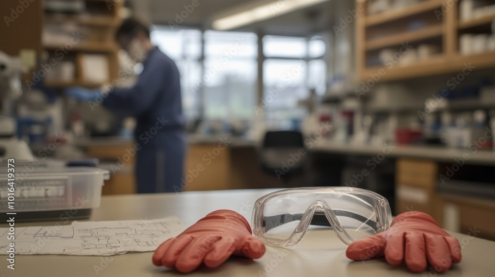 Wall mural Laboratory scene with protective gear and a researcher in the background.