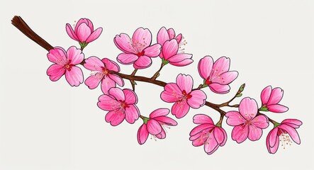 Obraz premium Hand drawing clipart of a pink cherry blossom branch on plain white background