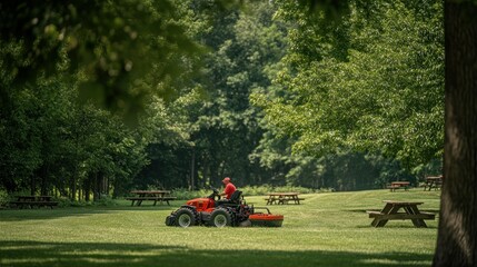 A person mowing grass in a park with picnic tables under trees.