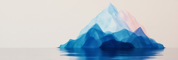 Obraz premium Abstract mountain range rendered in a blue and pink gradient, reflected in the water below.