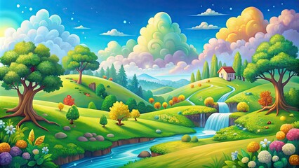 Vibrant, whimsical illustration of a serene countryside with fluffy clouds, rolling hills, sparkling waterfalls, and towering trees, perfect for children's educational or entertainment projects.