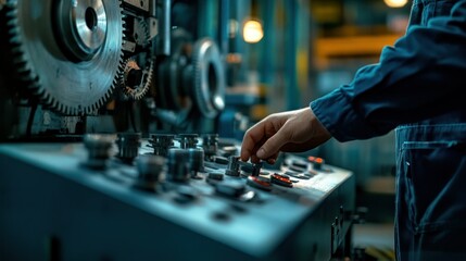 Naklejka premium A worker adjusting controls on industrial machinery in a factory setting.