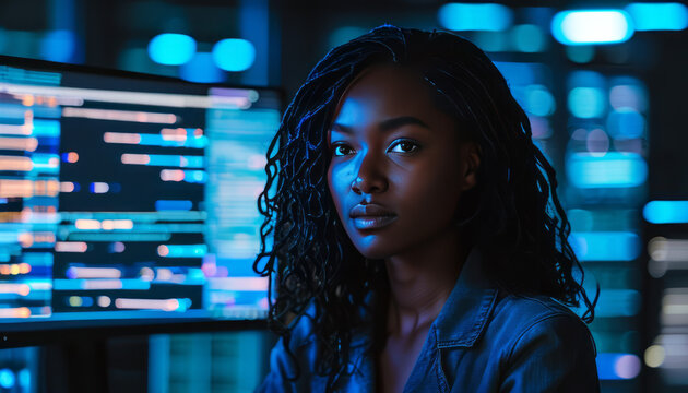 African American female IT specialist under blue lighting, black cyber security analyst.