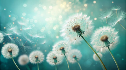 Dandelion seeds are gracefully floating in air, creating serene and magical atmosphere. soft focus and gentle colors enhance beauty of natures delicate wonders