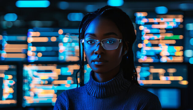 African American female IT specialist under blue lighting, black cyber security analyst.