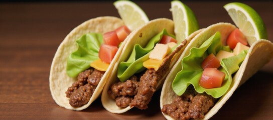 Tacos served with seasoned meat lettuce cheese and tomato topped with lime