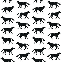 Vector seamless pattern of flat hand drawn wolf silhouette isolated on white background