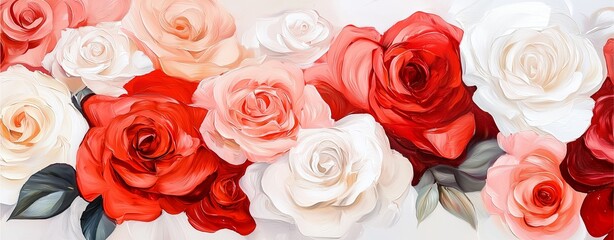 Naklejka premium A vibrant array of red and white roses creates a stunning floral display, showcasing various shades and textures against a soft background.