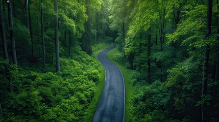 Fototapeta premium Serene Curved Road Through Lush Green Forest