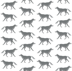 Vector seamless pattern of flat hand drawn wolf isolated on white background