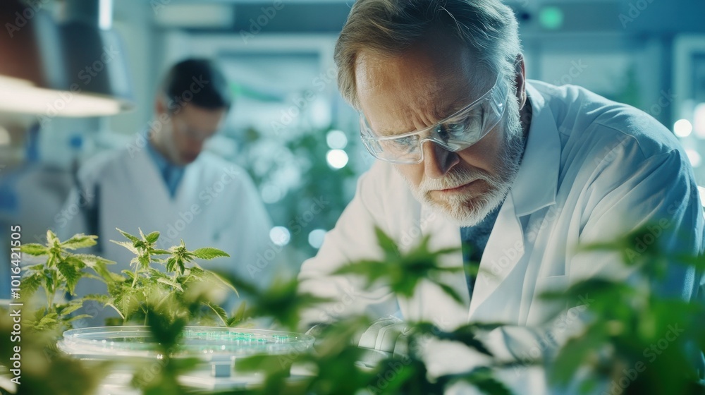 Sticker Scientists examining plants in a laboratory setting, focusing on research and development.