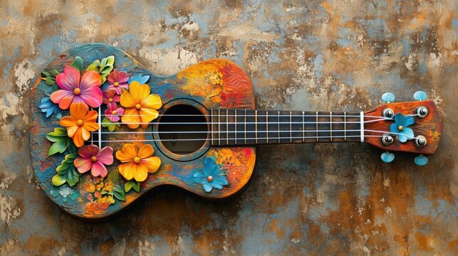 Colorful ukulele with floral decorations, vibrant design