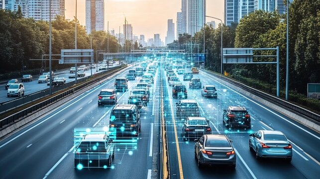 Smart transport technology concept for future car traffic on road 