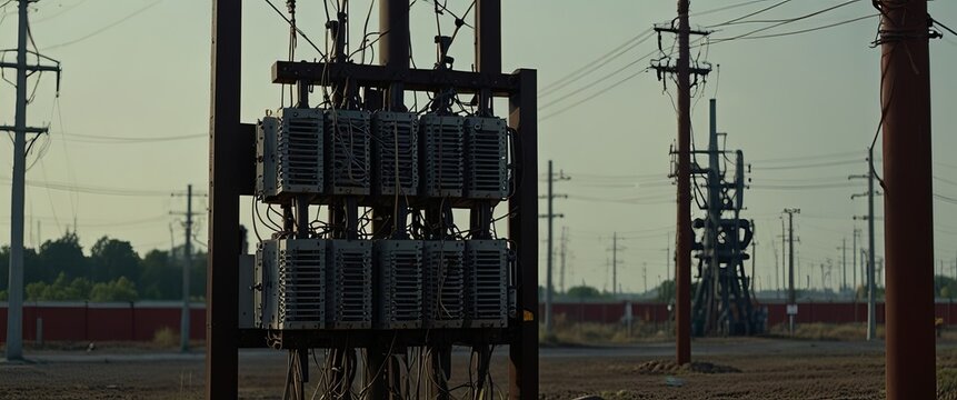 A transformer at an electrical substation. Transmission of electricity.