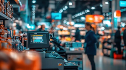 A checkout area in a grocery store with a register and shoppers in the background.