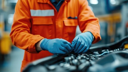 Fototapeta premium Closeup of worker in protective gear thoroughly inspecting and examining automotive parts at a factory production control and manufacturing inspection process for vehicle components