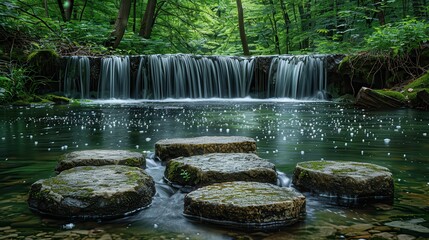 Serene Waterfall in Lush Green Forest Setting