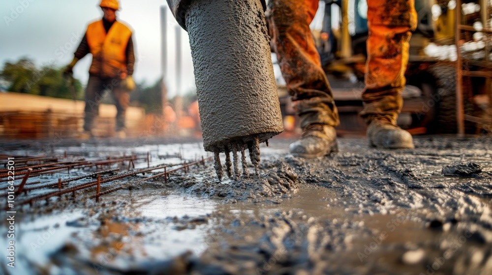 Wall mural Construction workers pouring concrete at a site, highlighting industrial activity.