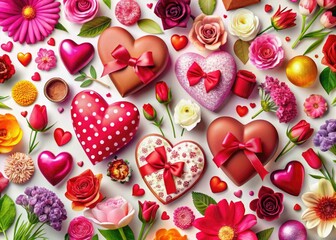 Fototapeta premium Romantic Valentine's clip art showcasing hearts, flowers, gifts, and love symbols, perfect for enhancing creative projects and celebrating love in a visually captivating way.