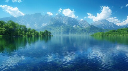 Fototapeta premium Serene Mountain Lake Under a Clear Blue Sky
