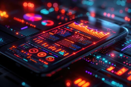 Application of Smartphone with business graph and analytics data on isometric mobile phone. Analysis trends and software development coding process concept. Programming, testing cross platform code